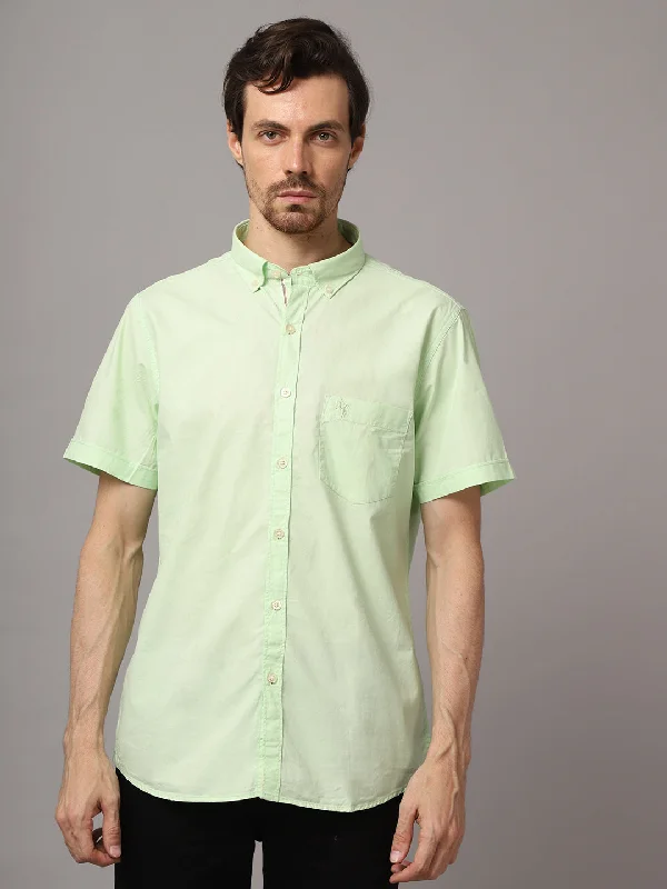 Cotton Solid Light Green Half Sleeve Regular Fit Casual Shirt for Men with Pocket Confident Men's High
