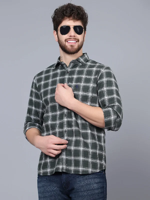 Men's Olive Green Casual Medium Checks Full Sleeve Shirt Organic