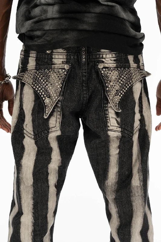 MENS LONG FLAP PRISONER BLACK WASH JEANS WITH EMBELLISHMENT Vintage Men's 1970S Disco