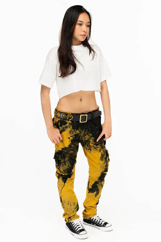 MILITARY STYLE WOMENS CARGO PANTS IN TIE DYE YELLOW Cclassic Men's Tweed