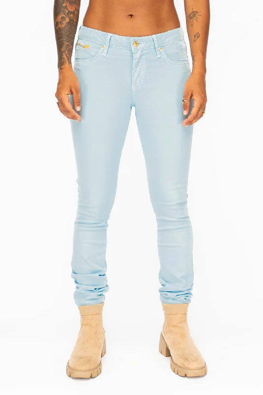 MID RISE WOMENS SKINNY JEANS IN PASTEL BLUE WASH Traditional Men's Wool