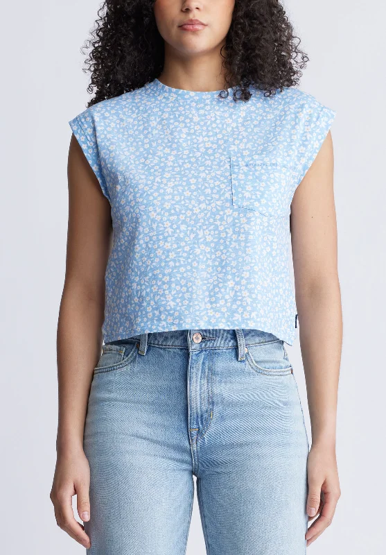 Amandine Women's Cap-Sleeve Crop Top, Blue with White Flowers - KT0148S Confident Men's Power