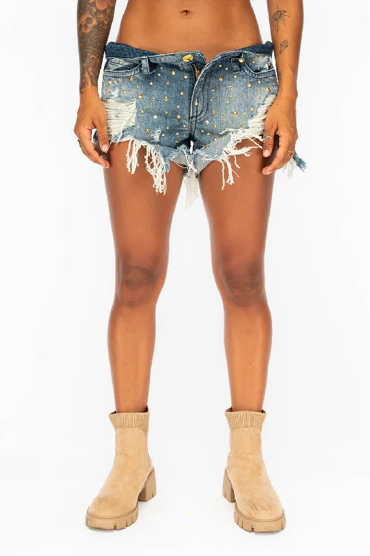 WOMENS RIPPED SHORTS WITH STUDS CRYSTALS Youthful Men's Pop