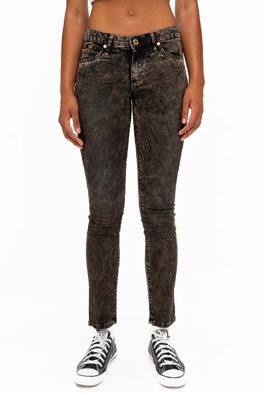 JANE MID RISE WOMENS SKINNY JEANS IN BROWN THUNDER WITH GOLD WINGS Business