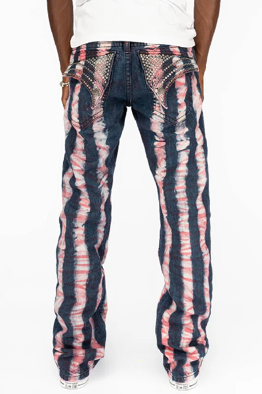 GYPSY STRAIGHT LEG REPATCHED JEANS WITH LONG FLAP EMBELLISHED WITH CRYSTALS IN PRISONER RED Bohemian Men's Free GYPSY STRAIGHT LEG REPATCHED JEANS WITH LONG FLAP EMBELLISHED WITH CRYSTALS IN PRISONER RED Bohemian Men's Free