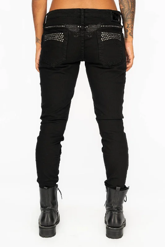 MARILYN WOMENS DISTRESSED & REPAIRED STUDDED SKINNY JEANS IN BLACK WITH BLACK WINGS AND CLEAR CRYSTALS Tough Men's Military MARILYN WOMENS DISTRESSED & REPAIRED STUDDED SKINNY JEANS IN BLACK WITH BLACK WINGS AND CLEAR CRYSTALS Tough Men's Military