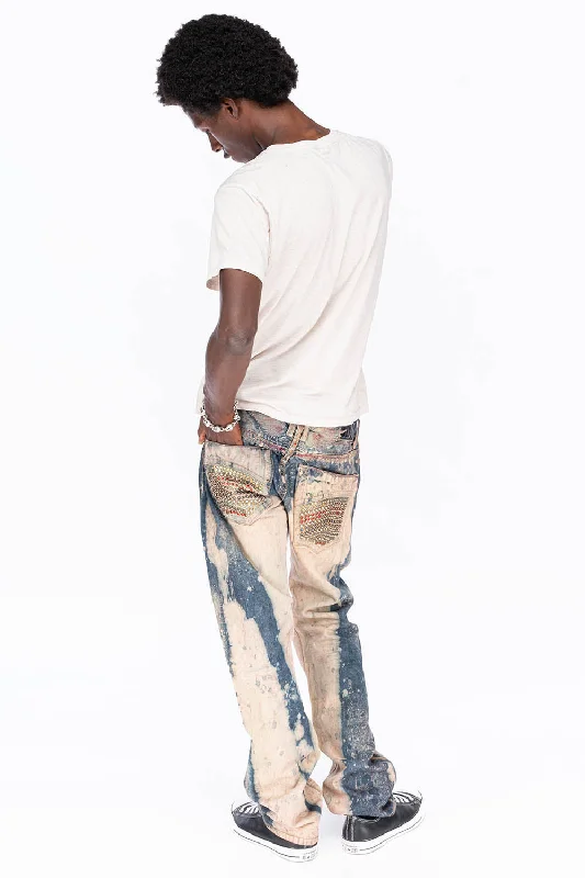 CLASSIC 5 POCKET STRAIGHT LEG IN BLUE -BEIGE GRAFFITI WASH WITH CRYSTALS & STUDS Polished Men's Satin CLASSIC 5 POCKET STRAIGHT LEG IN BLUE -BEIGE GRAFFITI WASH WITH CRYSTALS & STUDS Polished Men's Satin