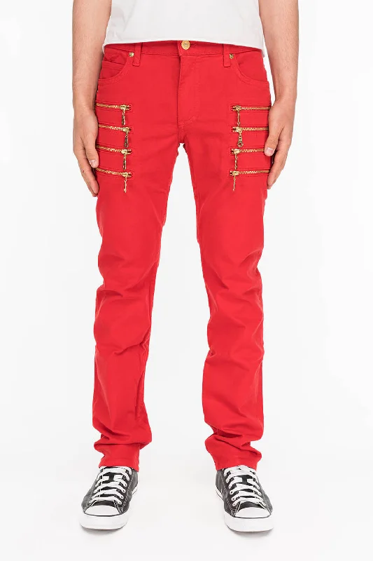MENS MOTORCYCLE ZIPPER SLIM JEANS IN RED Stylish Men's Neon