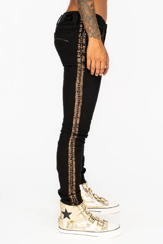 MARILYN WOMENS SKINNY JEANS IN BLACK WITH COPPER GLITTER TUXEDO STRIPE WITH SMOKEY TOPAZ CRYSTALS Polished Men's Silk MARILYN WOMENS SKINNY JEANS IN BLACK WITH COPPER GLITTER TUXEDO STRIPE WITH SMOKEY TOPAZ CRYSTALS Polished Men's Silk