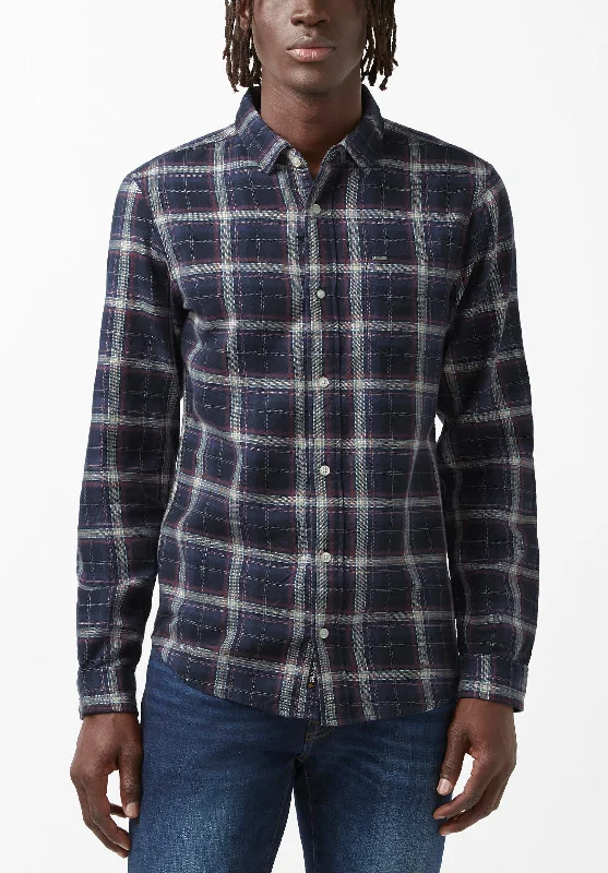 Sago Men’s Long-Sleeve Shirt in Midnight Blue Plaid - BM24029 Minimalist Men's Casual 