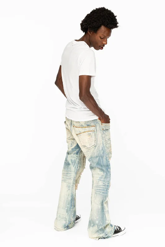 VINTAGE INDIGO DISTRESSED ,RIPPED JEAN IN MIWOK BROKEN WASH WITH ORANGE CRYSTALS Unique Men's Upcycled VINTAGE INDIGO DISTRESSED ,RIPPED JEAN IN MIWOK BROKEN WASH WITH ORANGE CRYSTALS Unique Men's Upcycled