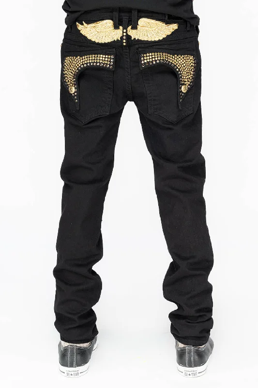 KILLER FLAP MENS SKINNY JEANS IN PURE BLACK WITH GOLD WINGS AND FULL CRYSTAL Cool Men's Distressed KILLER FLAP MENS SKINNY JEANS IN PURE BLACK WITH GOLD WINGS AND FULL CRYSTAL Cool Men's Distressed