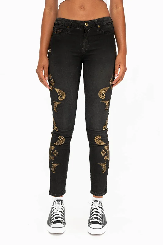 MID RISE WOMENS JEANS WITH GOLD EMBROIDERY IN LA BLACK Adventure