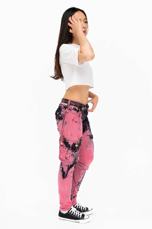 ZIPPER-MILITARY STYLE WOMENS CARGO PANTS IN TIE DYE PINK Laid