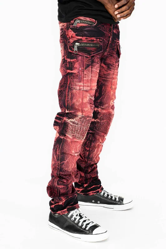 MILITARY/BIKER LONG FLAP MENS SKINNY JEANS IN RED YANKEE DESTROYED WASH Youthful Men's Pop