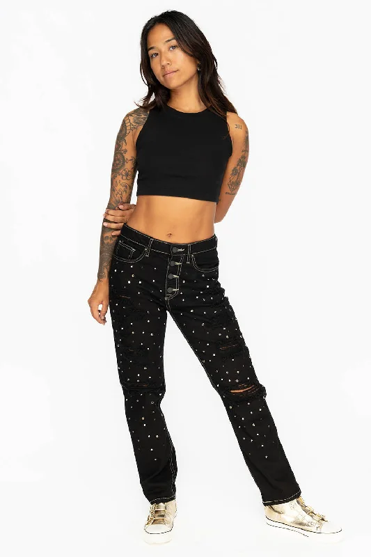 BOYFRIEND JEANS IN PURE BLACK WITH BLACK AND SILVER STUDS & CRYSTALS Dapper Men's 1920S