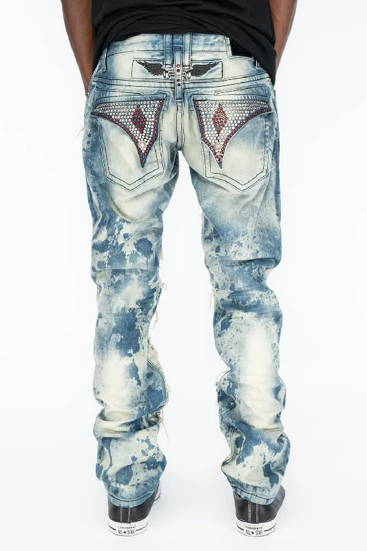 VINTAGE DISTRESSED & REPAIRED JEANS WITH BACK POCKET CRYSTALS IN BLUE CHEROKEE WASH Organic VINTAGE DISTRESSED & REPAIRED JEANS WITH BACK POCKET CRYSTALS IN BLUE CHEROKEE WASH Organic