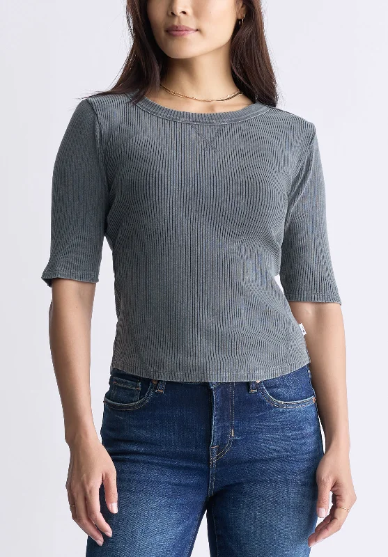 Tabbey Women's Elbow-Length Sleeve Ribbed Top, Raven Grey - KT0152F Masculine Men's Thick Tabbey Women's Elbow-Length Sleeve Ribbed Top, Raven Grey - KT0152F Masculine Men's Thick