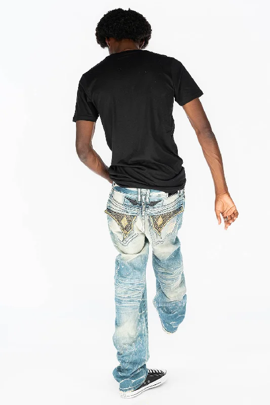 VINTAGE RIPPED,DISTRESSED JEANS WITH BACK POCKET CRYSTALS IN BLUE 4D LIGHT BROKEN WASH Modern Men's 