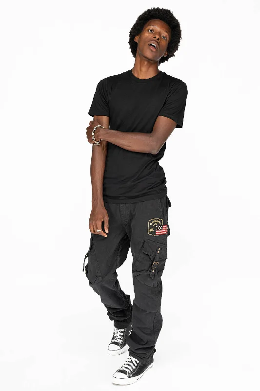 MENS MILITARY STYLE CARGO PANTS IN BLK DYE WITH PATCH British Gentleman Style