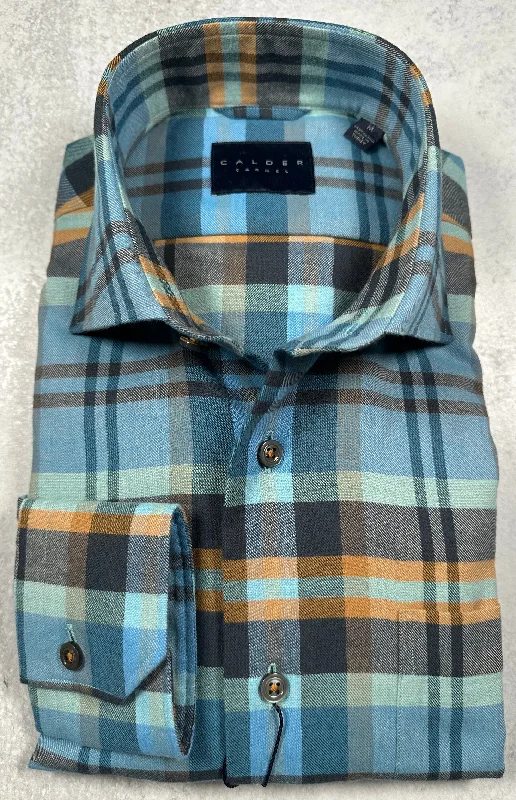 Calder Carmel Melange Brushed Twill Exploded Blanket Plaid Sport Shirt in Turquoise Athletic Men's Compression