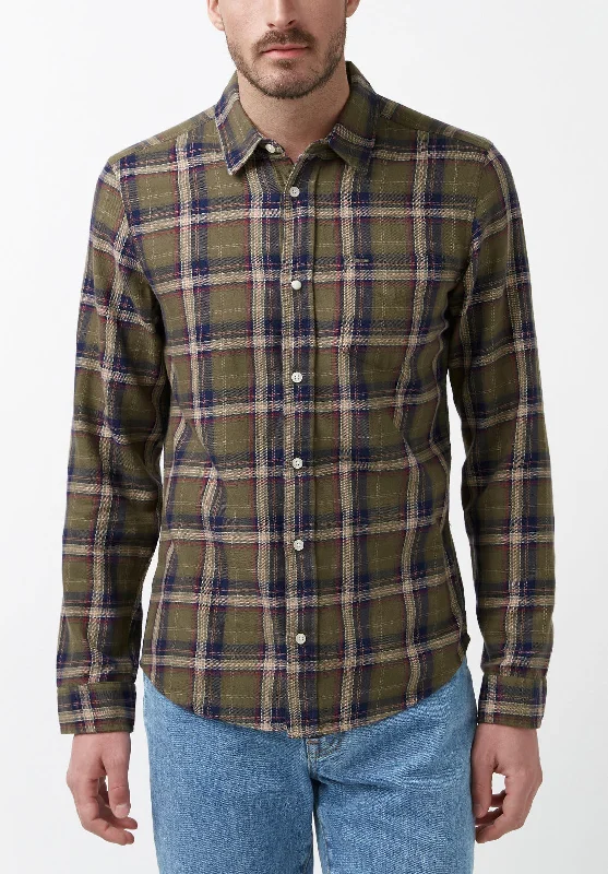 Sago Men’s Long-Sleeve Shirt in Olive Green Plaid - BM24029 Preppy Men's College