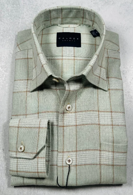 Calder Carmel Melange Herringbone Brushed Twill Windowpane Sport Shirt in Sage Sleek Men's Contemporary Calder Carmel Melange Herringbone Brushed Twill Windowpane Sport Shirt in Sage Sleek Men's Contemporary