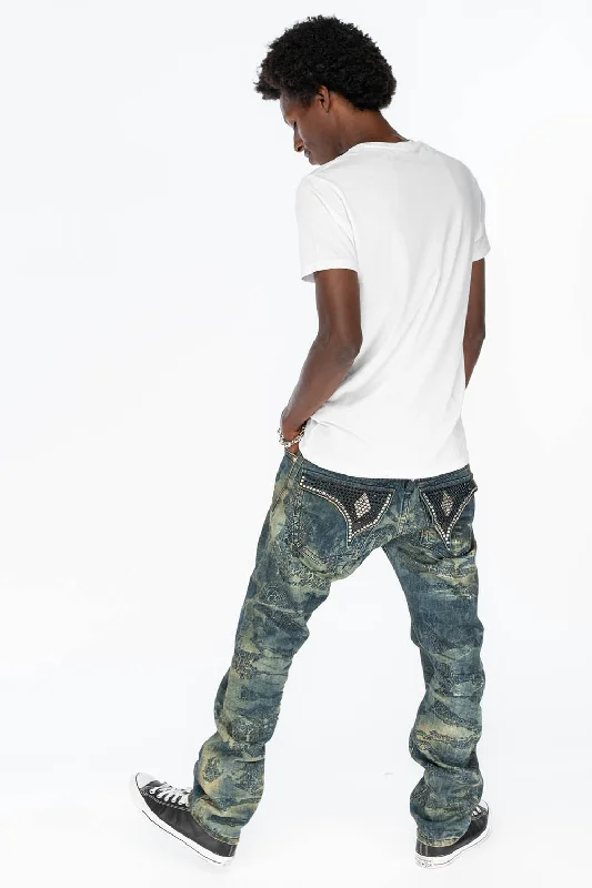 MENS LONG FLAP SLIM JEANS WITH CRYSTALS IN MILITARY INSPIRED PRINT BLUE URANUS WASH Sleek Men's Contemporary MENS LONG FLAP SLIM JEANS WITH CRYSTALS IN MILITARY INSPIRED PRINT BLUE URANUS WASH Sleek Men's Contemporary
