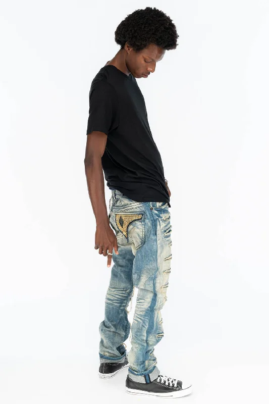 VINTAGE RIPPED,DISTRESSED & REPAIRED JEANS WITH BACK POCKET CRYSTALS IN OMAHA WASH Refined Men's European