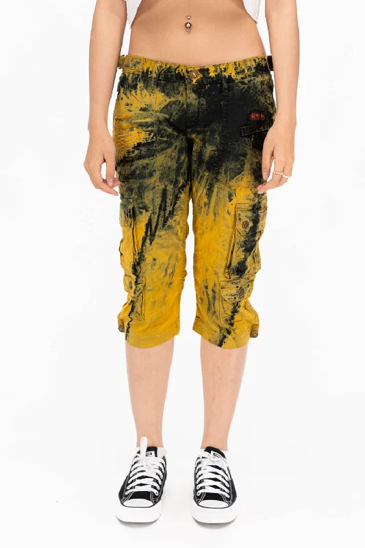 MILITARY STYLE ASSORTED PATCH WOMENS CARGO SHORTS IN TYE DYE YELLOW AND BLACK WASH Dapper Men's Bow MILITARY STYLE ASSORTED PATCH WOMENS CARGO SHORTS IN TYE DYE YELLOW AND BLACK WASH Dapper Men's Bow