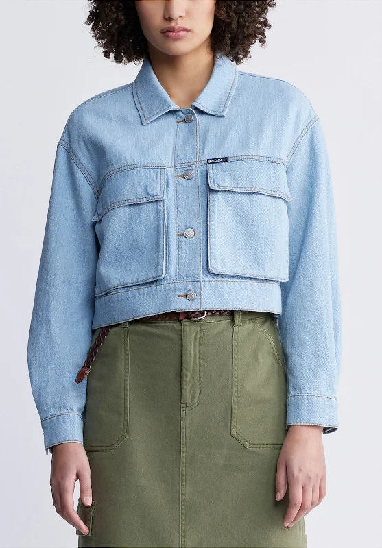 Teagan Women's Boxy Denim Jacket in Bleached Blue - BL15967 Laid