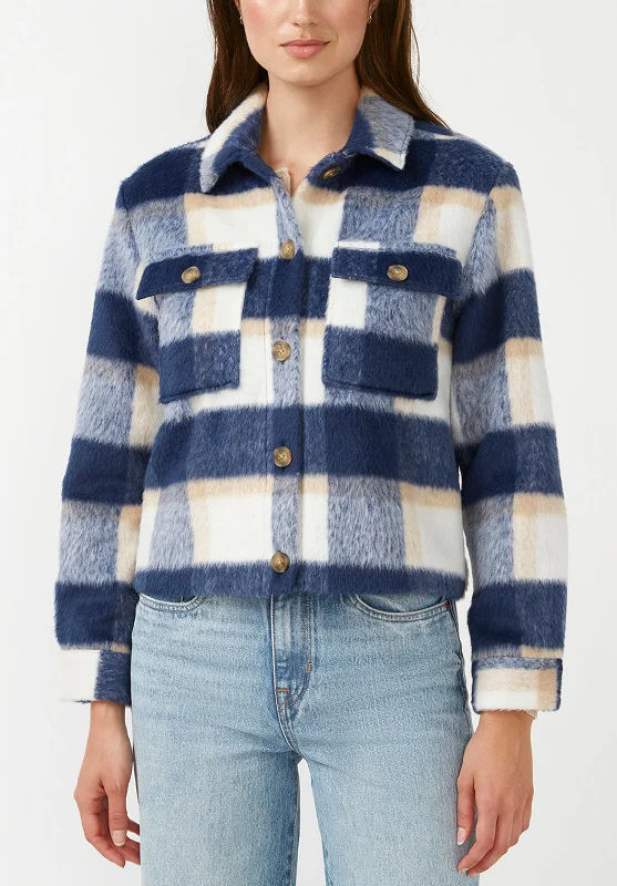 Lissandra Women's Cropped Shacket Tan Blue Plaid - JK0010F Polished Men's Satin