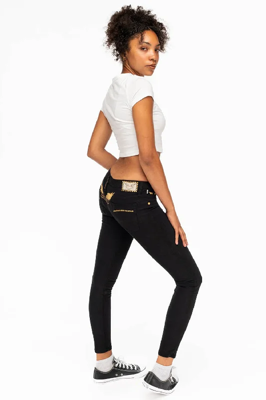 MARILYN WOMENS STUDDED SKINNY JEANS IN BLACK WITH GOLD WINGS AND GOLD CRYSTALS Sophisticated Men's MARILYN WOMENS STUDDED SKINNY JEANS IN BLACK WITH GOLD WINGS AND GOLD CRYSTALS Sophisticated Men's