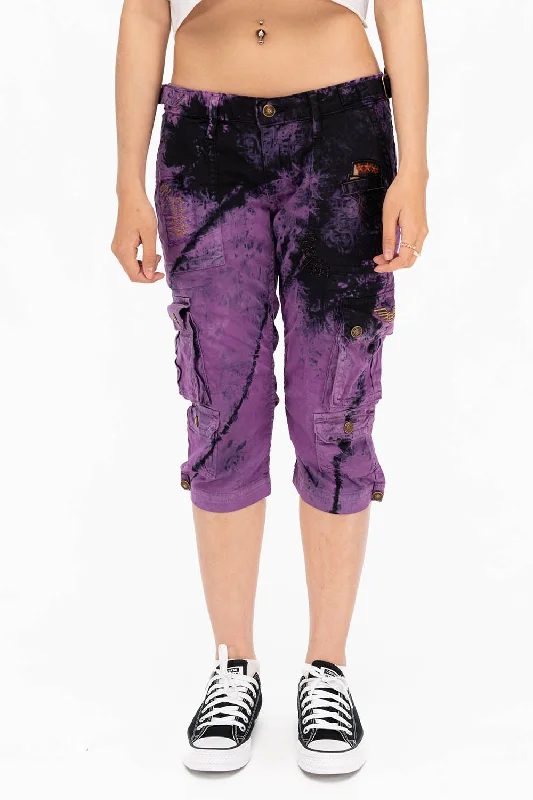 MILITARY STYLE ASSORTED PATCH WOMENS CARGO SHORTS IN TYE DYE PURPLE AND BLACK WASH Confident Men's High