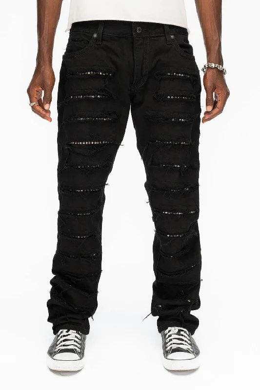 ROBIN'S VINTAGE EDITION JEANS WITH CRYSTALS IN DESTROY PURE BLACK Casual Men's Loose