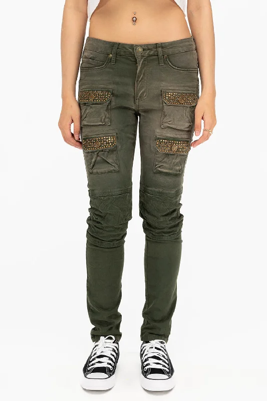 ROBIN'S  WOMEN'S SKINNY UTILITARIAN JEANS IN SULFUR GREEN ARMY WITH STUDS AND CRYSTALS Edgy Men's Punk