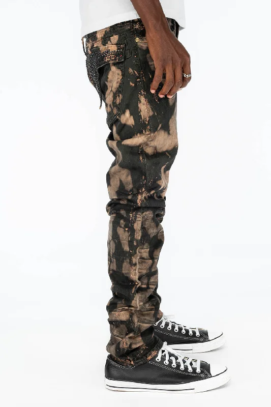 LONG FLAP SLIM FIT MENS JEANS WITH CRYSTALS & STUDS IN MATEO BRONZE Bold Men's Statement LONG FLAP SLIM FIT MENS JEANS WITH CRYSTALS & STUDS IN MATEO BRONZE Bold Men's Statement