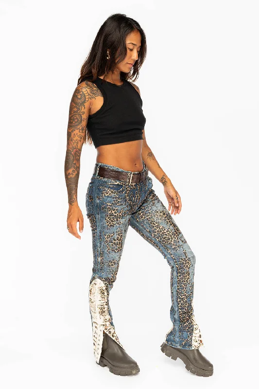 WOMENS BLUE JEANS WITH LEOPARD COATING AND ANKLE SNAP CLOSURE Earthy Men's Hemp