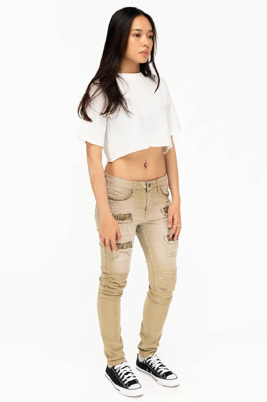 ROBIN'S WOMENS SKINNY UTILITARIAN JEANS IN SULFUR SAND WASH WITH STUDS British Gentleman Style ROBIN'S WOMENS SKINNY UTILITARIAN JEANS IN SULFUR SAND WASH WITH STUDS British Gentleman Style