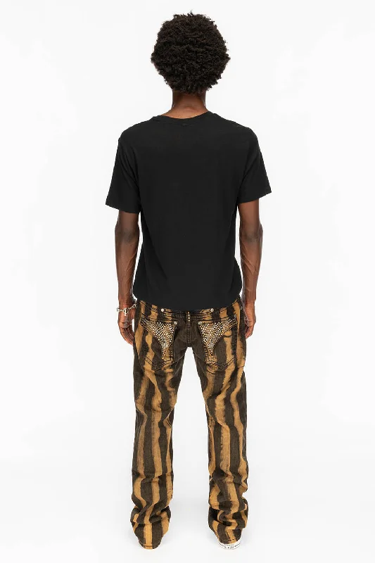 MENS LONG FLAP PRISONER TAN WASH JEANS WITH EMBELLISHMENT Streetwear Style