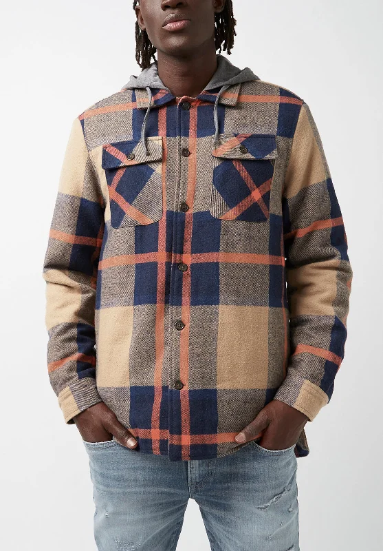 Jiref Men’s Hoodie Shacket in Tan & Navy Plaid - BM24048 Earthy Men's Sustainable 