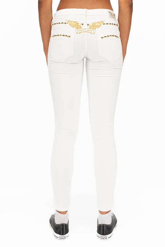 MARILYN WOMENS STUDDED SKINNY JEANS IN WHITE WITH GOLD WINGS AND GOLD STUDS AND CRYSTALS Polished Men's Silk MARILYN WOMENS STUDDED SKINNY JEANS IN WHITE WITH GOLD WINGS AND GOLD STUDS AND CRYSTALS Polished Men's Silk