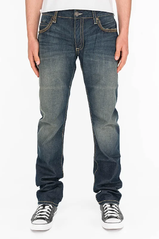 MENS CLASSIC 5 POCKET STRAIGHT LEG JEANS IN SMOKY DARK WITH STUDS Trendy Men's Bucket MENS CLASSIC 5 POCKET STRAIGHT LEG JEANS IN SMOKY DARK WITH STUDS Trendy Men's Bucket