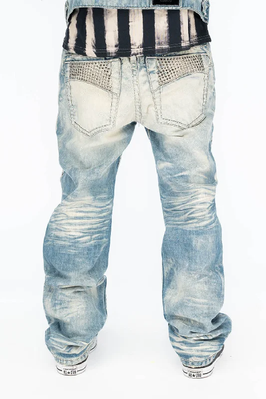 VINTAGE INDIGO DISTRESSED ,RIPPED JEAN WITH WHITE CONTRAST STICH IN OMAHA BROKEN WASH WITH CRYSTALS Elegant Men's Cashmere VINTAGE INDIGO DISTRESSED ,RIPPED JEAN WITH WHITE CONTRAST STICH IN OMAHA BROKEN WASH WITH CRYSTALS Elegant Men's Cashmere