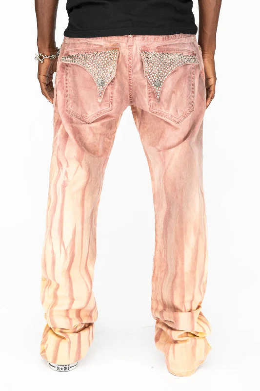 LONG FLAP MENS STRAIGHT LEG JEANS WITH CRYSTALS IN FIRE YELLOW WASH Laid